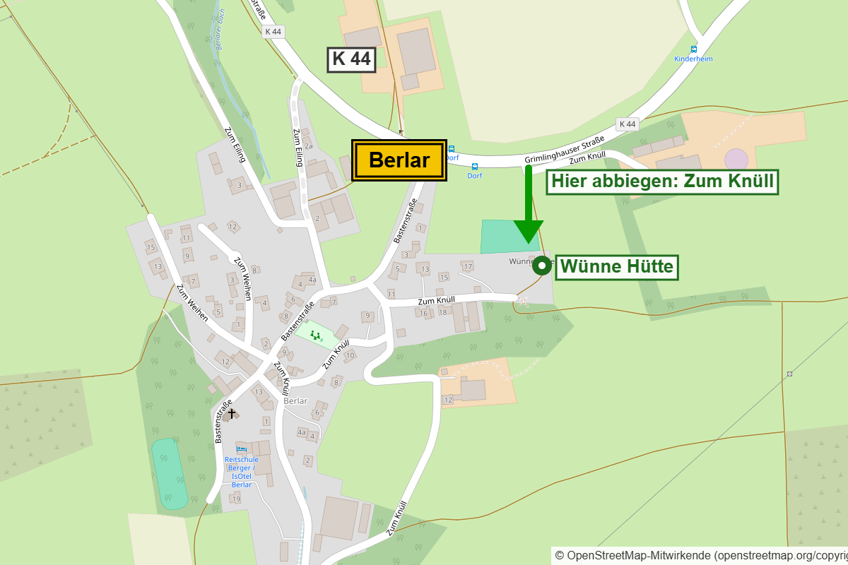 Kartenausschnitt von Berlar: Am Ortsschild von der K 44 weiter bis zur Straße Zum Knüll, dort abbiegen zur Wünne Hütte